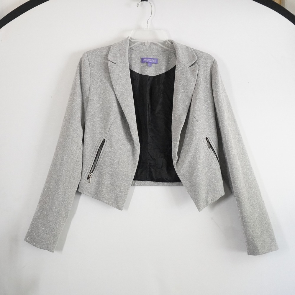 Vivienne Tam XS Gray Metallic Knit Cropped Blazer Jacket Zipper Pocket Going Out